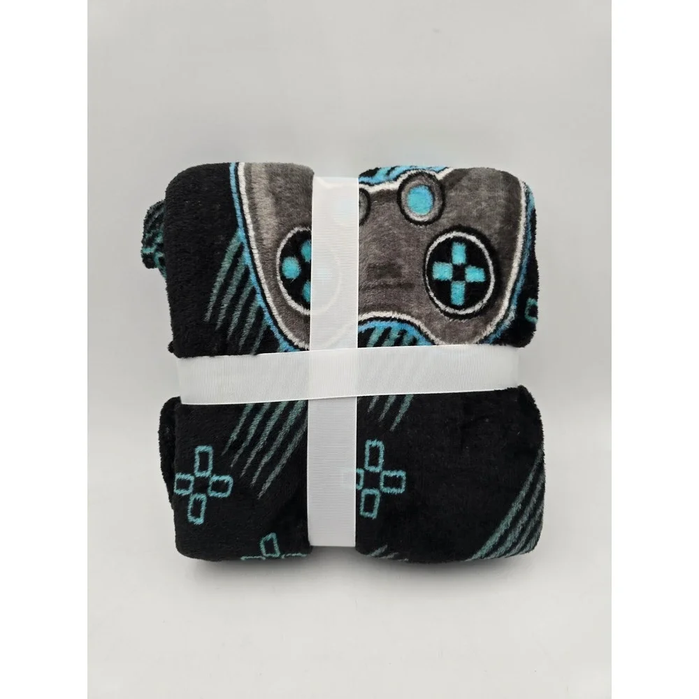 Gamer Blanket Video Game Controller soft‎ Plush Throw Black Teal 50x60